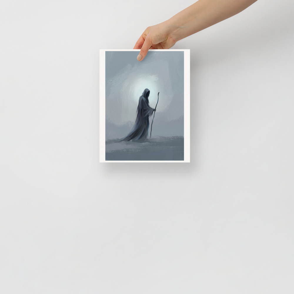 A minimalist painting of a cloaked wanderer with a staff in a misty office wall art setting. A Symbolism print in slate gray and light steel blue, 'The Solitary Wanderer'.