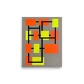 A lively / vibrant scene in orange and yellow, 'Neon Gridlock'. Vivid orange and yellow color blocks on a black geometric grid against gray linen in an office wall art print.