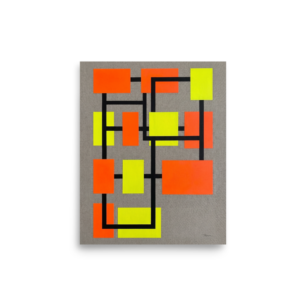 A lively / vibrant scene in orange and yellow, 'Neon Gridlock'. Vivid orange and yellow color blocks on a black geometric grid against gray linen in an office wall art print.