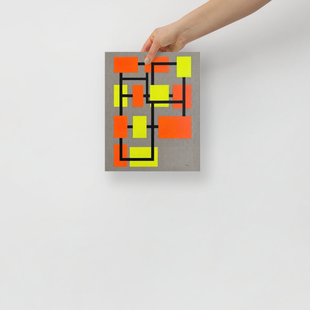De Stijl (also known as Neoplasticism) wall art for the office, 'Neon Gridlock'. Vivid orange and yellow color blocks on a black geometric grid against gray linen in an office wall art print.