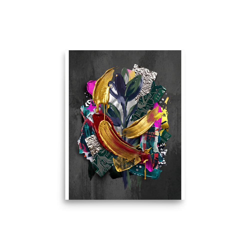 A vibrant mixed-media collage combining botanical elements, circuit boards, and dripping metallic gold paint, creating a dramatic statement for a modern Studio or Living Room. A Assemblage art print titled 'Digital Alchemy'.