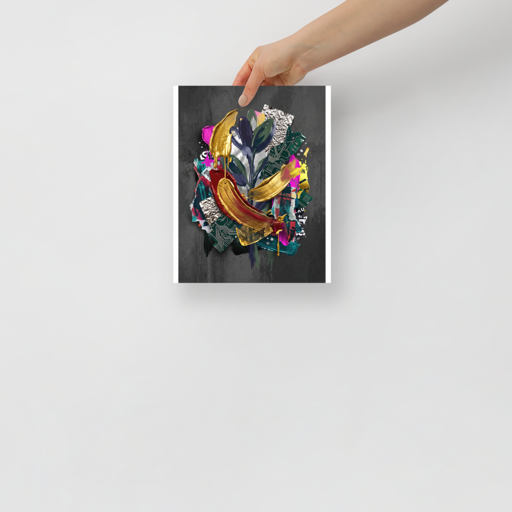 'Digital Alchemy', a Assemblage wall art print. A vibrant mixed-media collage combining botanical elements, circuit boards, and dripping metallic gold paint, creating a dramatic statement for a modern Studio or Living Room.