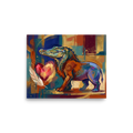 Fine art print 'Ammit and the Feather' in a Cubism style. A colorful expressionist painting of the Egyptian chimera Ammit with a heart and feather in a living room.