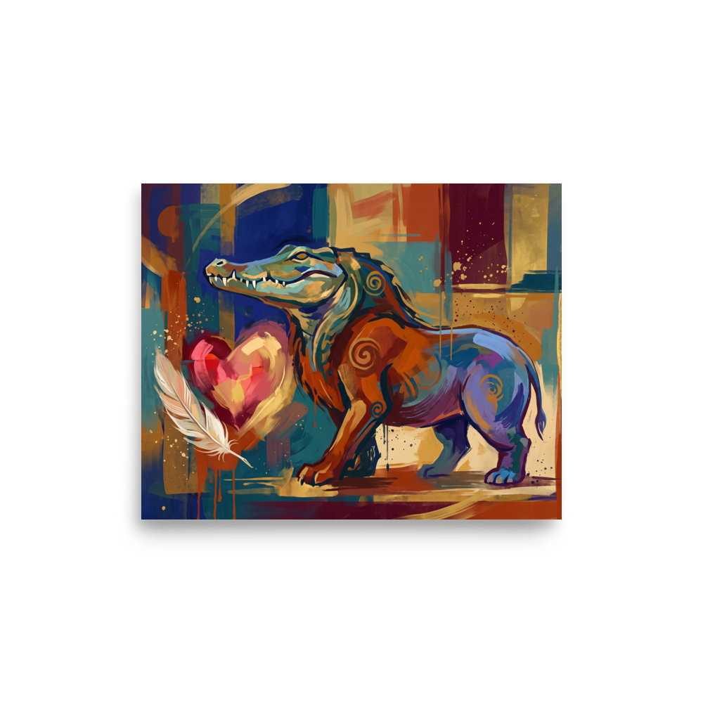 Fine art print 'Ammit and the Feather' in a Cubism style. A colorful expressionist painting of the Egyptian chimera Ammit with a heart and feather in a living room.