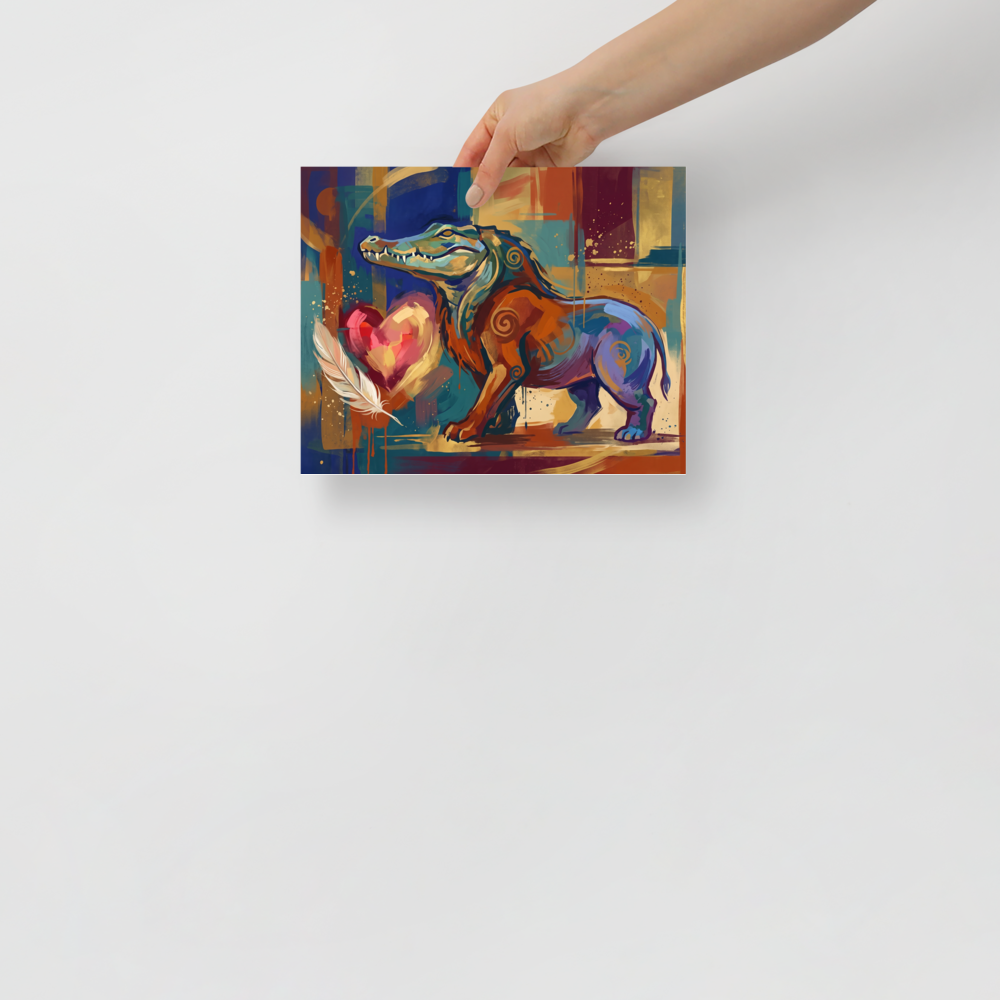 A striking Cubism print, 'Ammit and the Feather'. A colorful expressionist painting of the Egyptian chimera Ammit with a heart and feather in a living room.