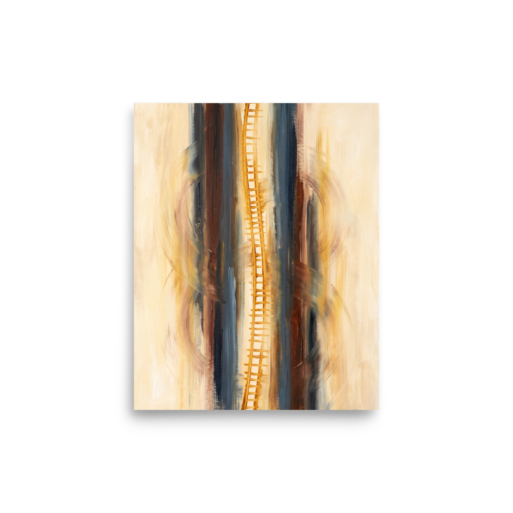 'Ascension in C Minor', part of Meron's Abstract art wall art. A golden ladder painterly motif centered between slate blue and brown vertical strokes with curved cello arcs in a hallway wall art piece.