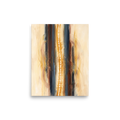 'Ascension in C Minor', part of Meron's Abstract art wall art. A golden ladder painterly motif centered between slate blue and brown vertical strokes with curved cello arcs in a hallway wall art piece.