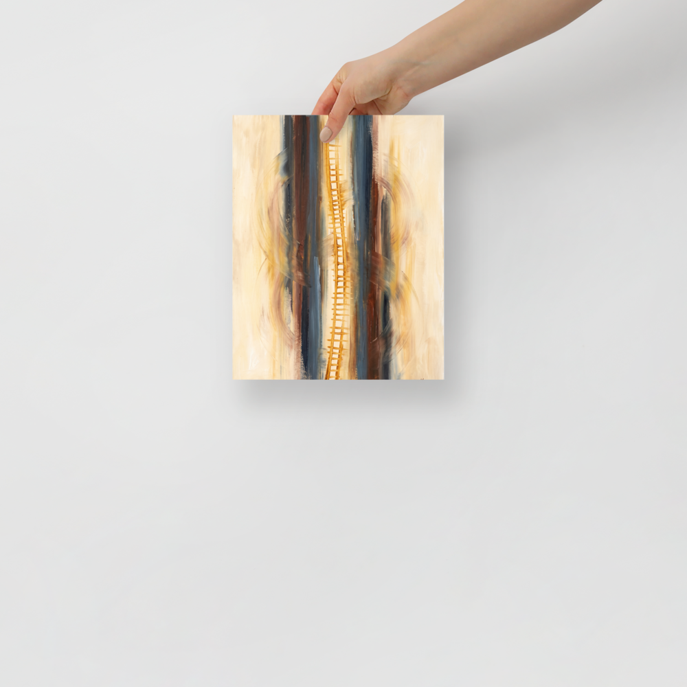 A golden ladder painterly motif centered between slate blue and brown vertical strokes with curved cello arcs in a hallway wall art piece. A Abstract art print in gold and slate gray, 'Ascension in C Minor'.