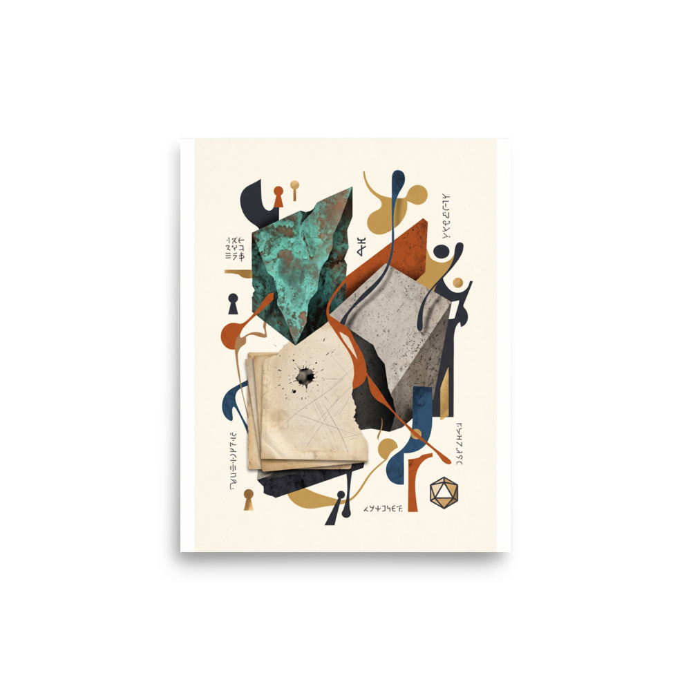 Fine art print 'Monoliths of the Arcane' in a Dau-al-Set style. A modern surrealist assemblage featuring geometric stone blocks in turquoise and terracotta with abstract ribbons and alchemical runes, ideal for adding sophisticated interest to an office or living room.