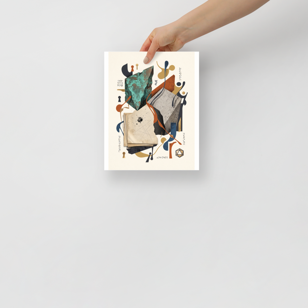 A modern surrealist assemblage featuring geometric stone blocks in turquoise and terracotta with abstract ribbons and alchemical runes, ideal for adding sophisticated interest to an office or living room. Shown here as the Dau-al-Set print 'Monoliths of the Arcane'.