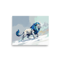 Modern painting of a mythical silver lion with a glowing blue mane on a snowy mountain ridge for an office or living room wall. A Expressionism print in light blue and silver, 'Frost Guardian Lion'.