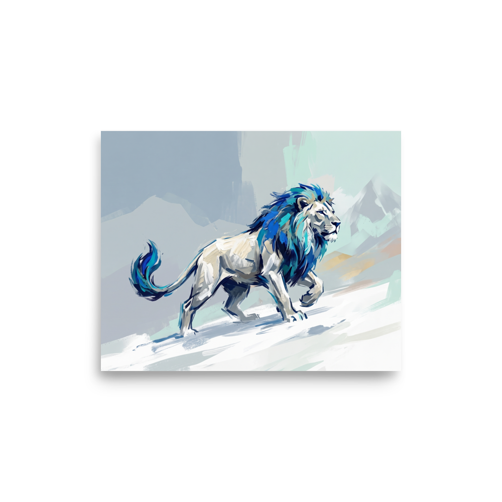 Modern painting of a mythical silver lion with a glowing blue mane on a snowy mountain ridge for an office or living room wall. A Expressionism print in light blue and silver, 'Frost Guardian Lion'.