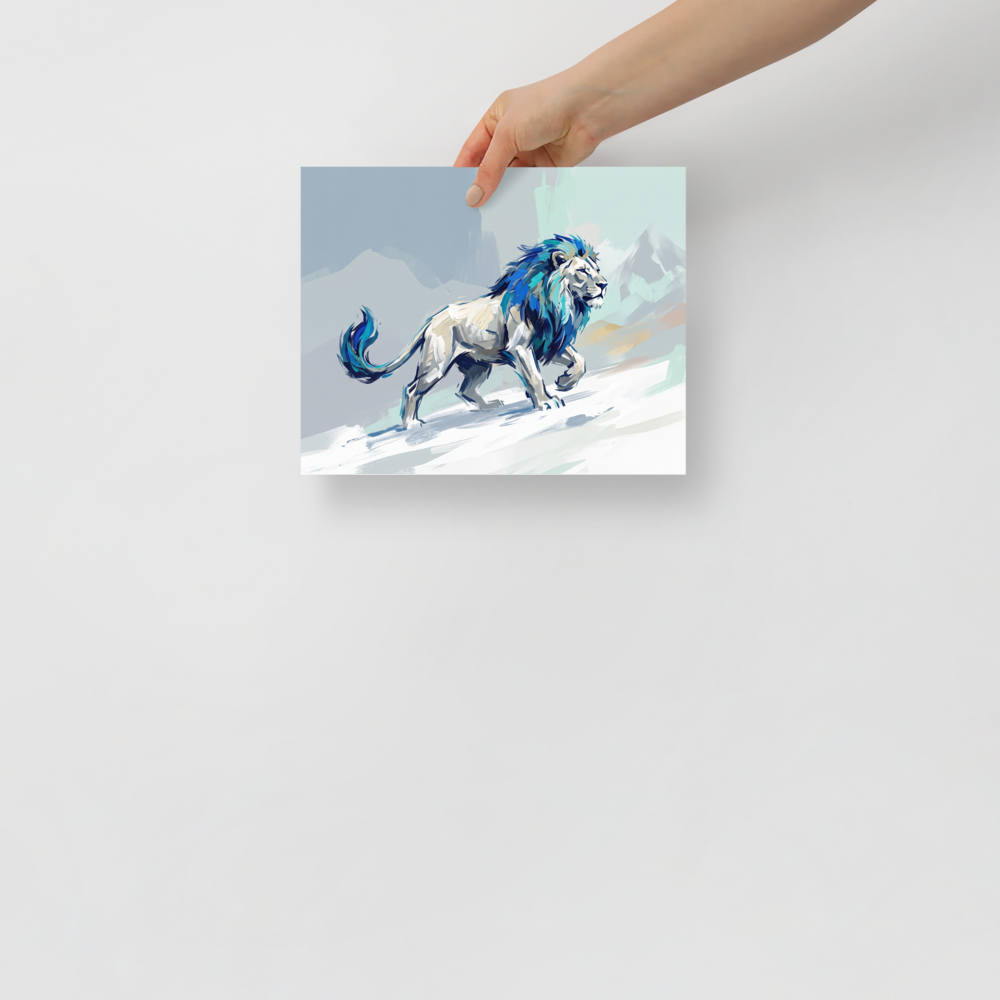 Modern painting of a mythical silver lion with a glowing blue mane on a snowy mountain ridge for an office or living room wall. Available as the Expressionism art print 'Frost Guardian Lion'.