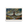 Earthy impasto landscape painting of the sacred Yggdrasil World Tree over a winding river, ideal wall art for a living room. A Expressionism art print titled 'Roots of Yggdrasil'.