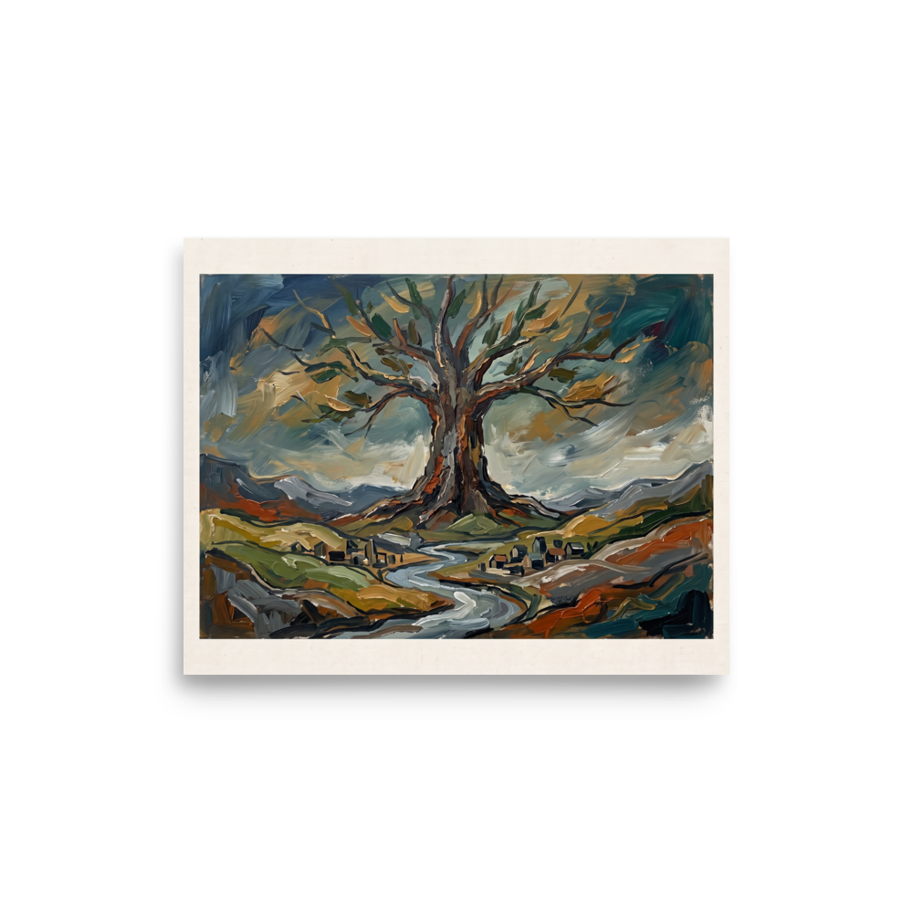 Earthy impasto landscape painting of the sacred Yggdrasil World Tree over a winding river, ideal wall art for a living room. A Expressionism art print titled 'Roots of Yggdrasil'.