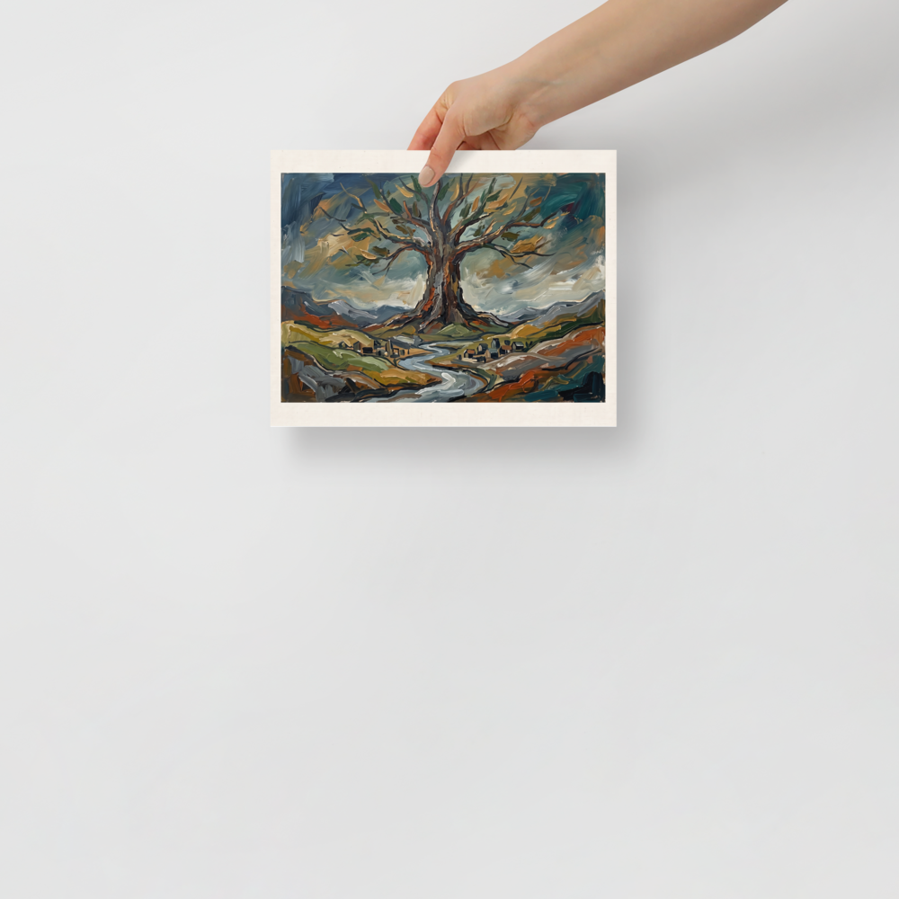 'Roots of Yggdrasil' by Meron. Earthy impasto landscape painting of the sacred Yggdrasil World Tree over a winding river, ideal wall art for a living room. A Expressionism wall art print.