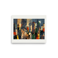 Wall art print 'Silhouette of Metropolis' in a Dau-al-Set style. A faceted abstract cityscape with vertical towers in rust and blue, featuring a dramatic crane shadow and a full moon, perfect for a contemporary office or living room.