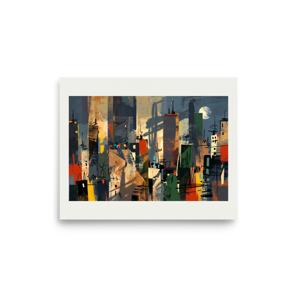 Wall art print 'Silhouette of Metropolis' in a Dau-al-Set style. A faceted abstract cityscape with vertical towers in rust and blue, featuring a dramatic crane shadow and a full moon, perfect for a contemporary office or living room.