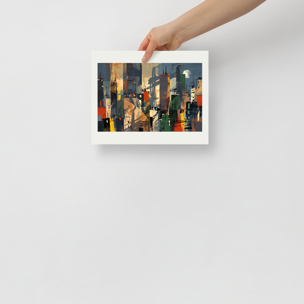 Dau-al-Set wall art, 'Silhouette of Metropolis'. A faceted abstract cityscape with vertical towers in rust and blue, featuring a dramatic crane shadow and a full moon, perfect for a contemporary office or living room.