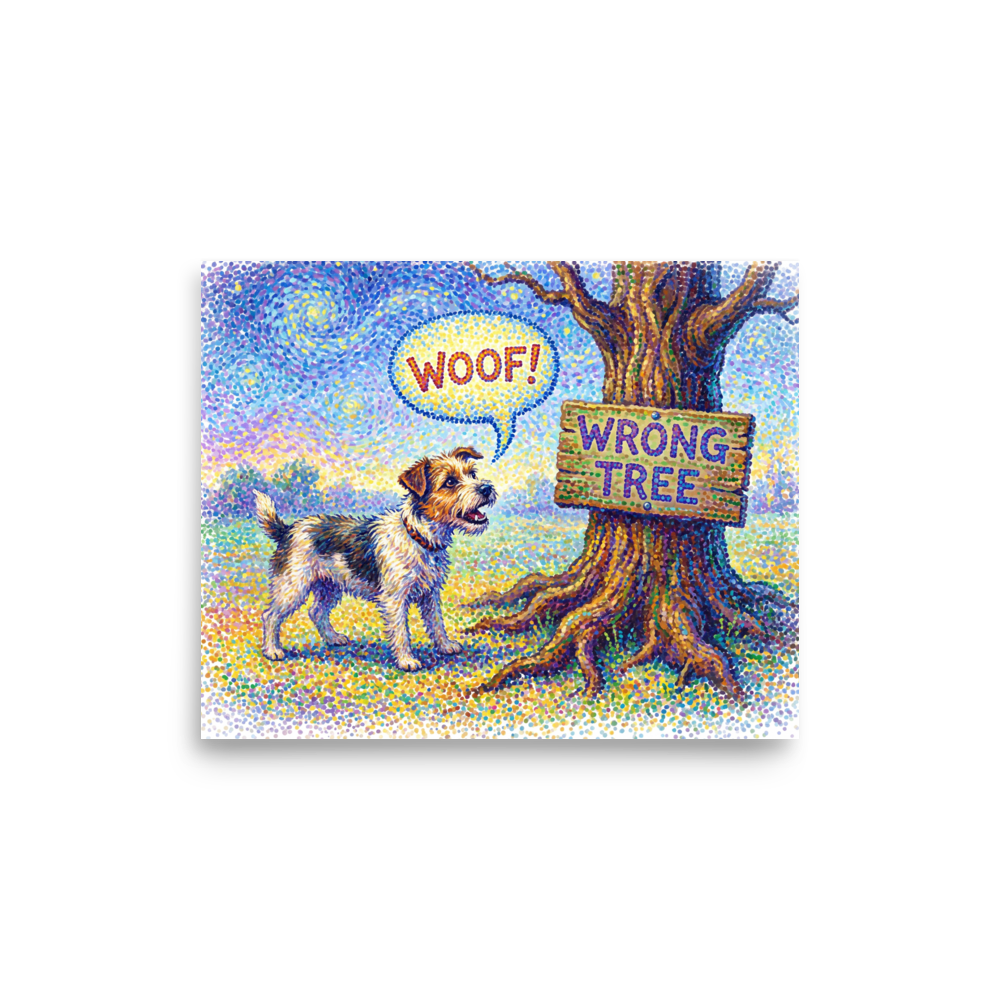 Pointillism wall art exploring animals, 'Barking Up the Wrong Tree'. A humorous pointillist painting of a dog barking at a tree with a sign that says 'WRONG TREE', perfect for a playful Game Room or Playroom.