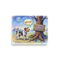 Pointillism wall art exploring animals, 'Barking Up the Wrong Tree'. A humorous pointillist painting of a dog barking at a tree with a sign that says 'WRONG TREE', perfect for a playful Game Room or Playroom.