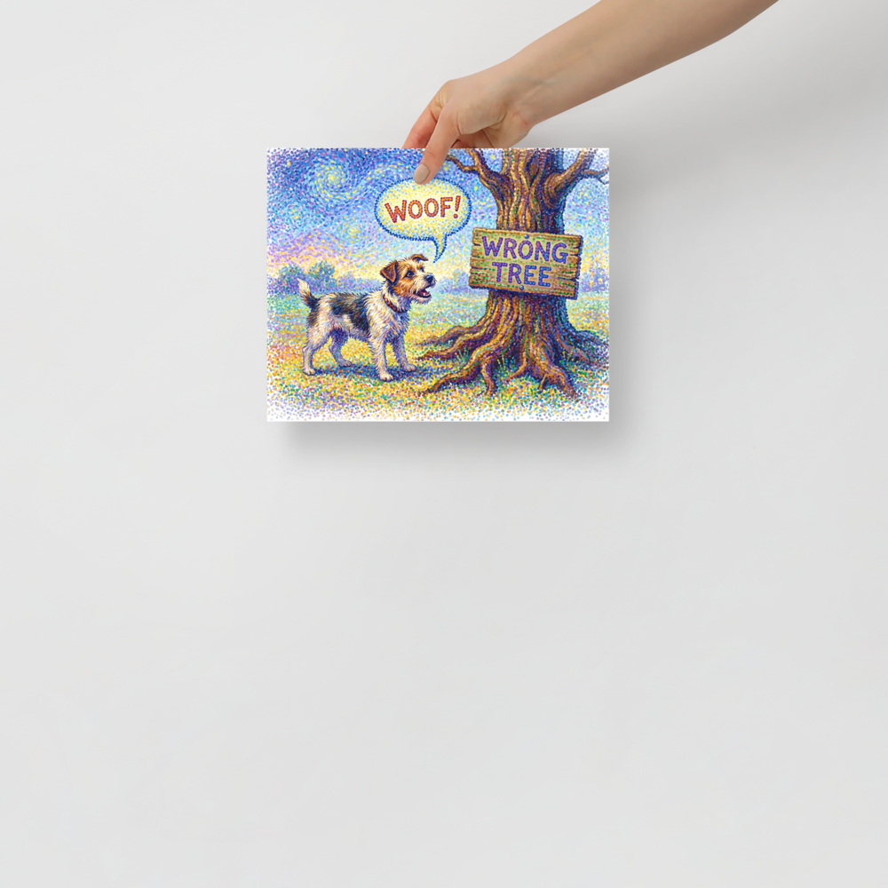A humorous pointillist painting of a dog barking at a tree with a sign that says 'WRONG TREE', perfect for a playful Game Room or Playroom. A Pointillism print in blue and green, 'Barking Up the Wrong Tree'.