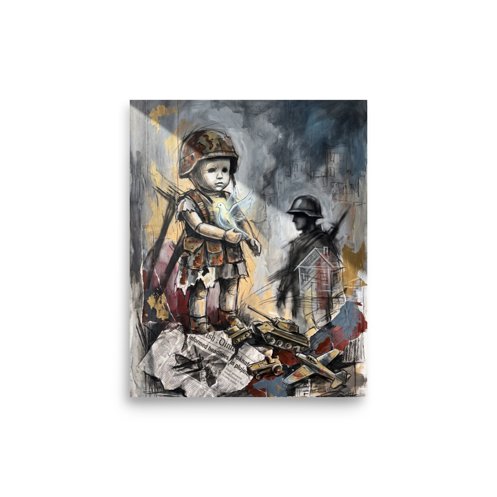 A mixed-media painting of a child in a military helmet holding a glowing white dove above toy tanks, creating a powerful statement piece for an office or living room. A Transgressive art art print titled 'Innocence in the Ruins'.