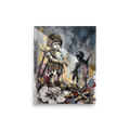 A mixed-media painting of a child in a military helmet holding a glowing white dove above toy tanks, creating a powerful statement piece for an office or living room. A Transgressive art art print titled 'Innocence in the Ruins'.