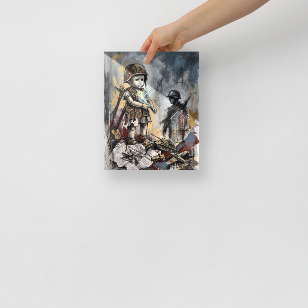 A mixed-media painting of a child in a military helmet holding a glowing white dove above toy tanks, creating a powerful statement piece for an office or living room. A Transgressive art print in dark gray and golden rod, 'Innocence in the Ruins'.
