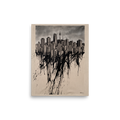Monochrome architectural illustration of Seoul skyline dissolving into heavy black ink drips, ideal for office or living room wall art. A Expressionism print in black and beige, 'Seoul Melting into Ink'.