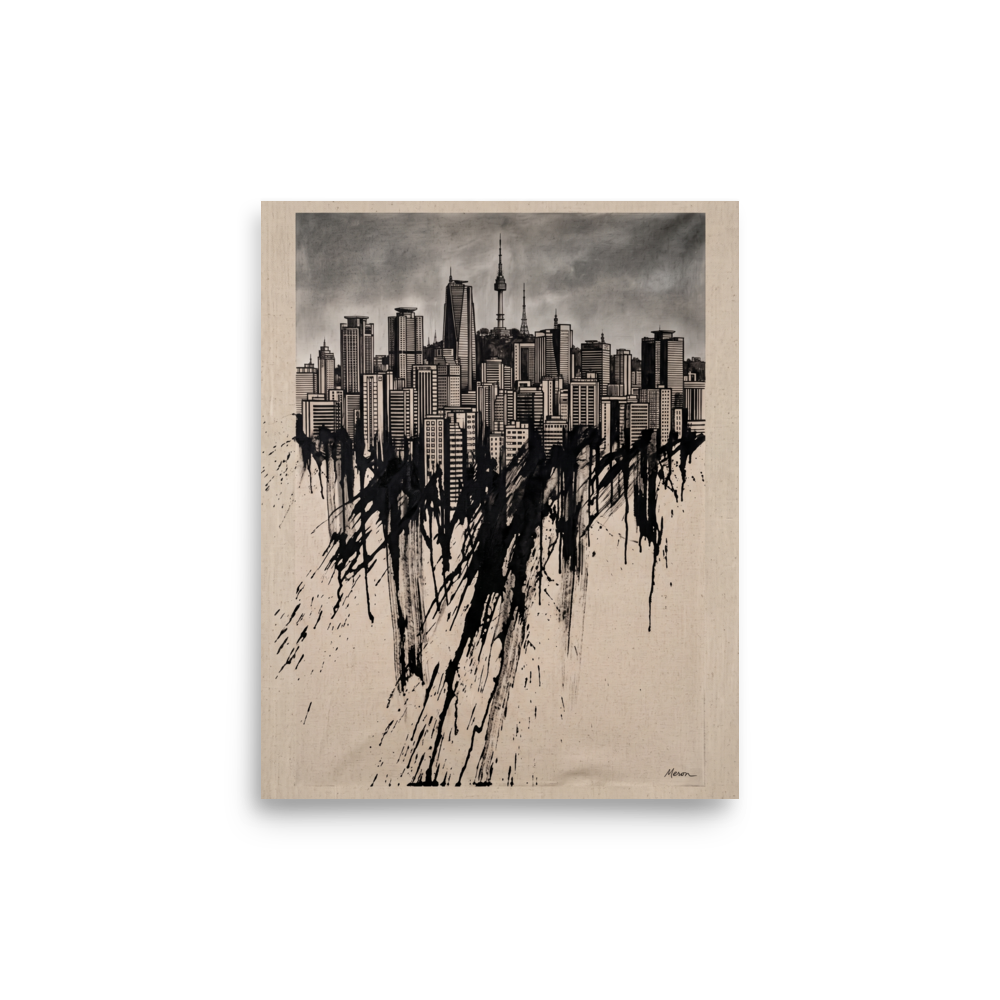 Monochrome architectural illustration of Seoul skyline dissolving into heavy black ink drips, ideal for office or living room wall art. A Expressionism print in black and beige, 'Seoul Melting into Ink'.