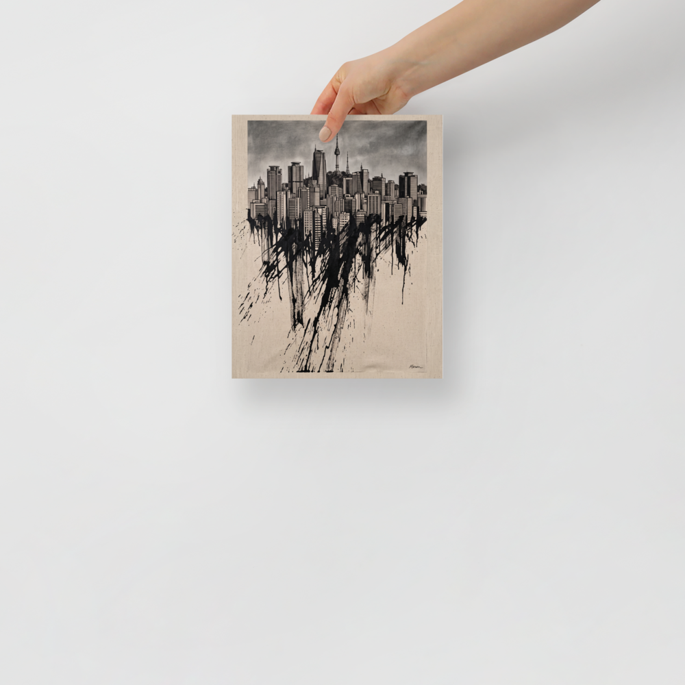'Seoul Melting into Ink' by Meron. Monochrome architectural illustration of Seoul skyline dissolving into heavy black ink drips, ideal for office or living room wall art. A Expressionism wall art print.