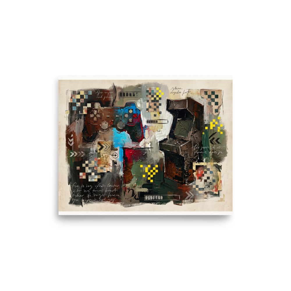 'Arcade Relic', a Dau-al-Set wall art print. An impasto painting of a retro video game controller and arcade cabinet with pixel details, creating striking wall decor for a game room.