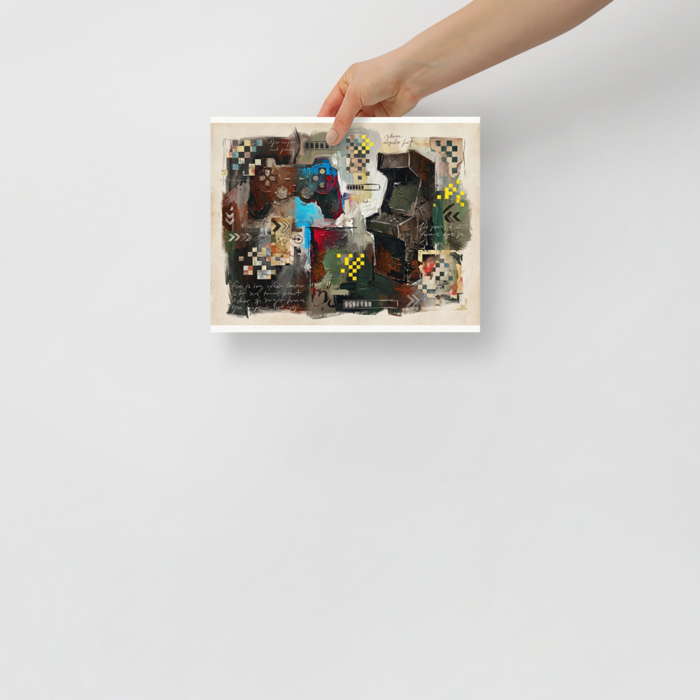 'Arcade Relic', Dau-al-Set wall art in brown and blue. An impasto painting of a retro video game controller and arcade cabinet with pixel details, creating striking wall decor for a game room.
