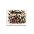 A heartwarming illustration of a multi-generational family and their dog under a stylized tree canopy in teal and orange, perfect for a cozy living room. A Figurative art art print titled 'Under the Family Canopy'.