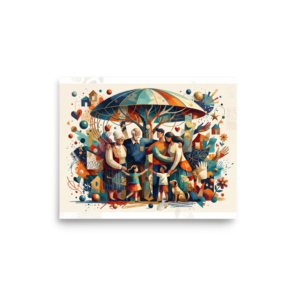 A heartwarming illustration of a multi-generational family and their dog under a stylized tree canopy in teal and orange, perfect for a cozy living room. A Figurative art art print titled 'Under the Family Canopy'.