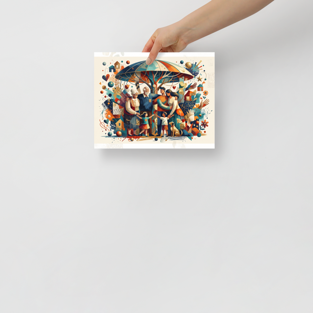 'Under the Family Canopy', part of Meron's Figurative art wall art. A heartwarming illustration of a multi-generational family and their dog under a stylized tree canopy in teal and orange, perfect for a cozy living room.