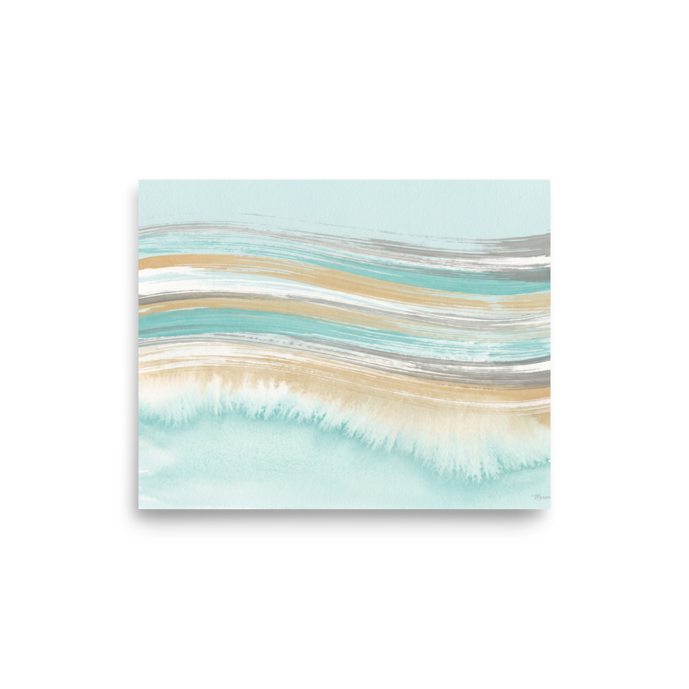 'Coastal Waves'. Serene coastal abstract watercolor painting with turquoise waves in a relaxing bedroom. Offered as a Abstract art print.