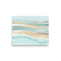 'Coastal Waves'. Serene coastal abstract watercolor painting with turquoise waves in a relaxing bedroom. Offered as a Abstract art print.