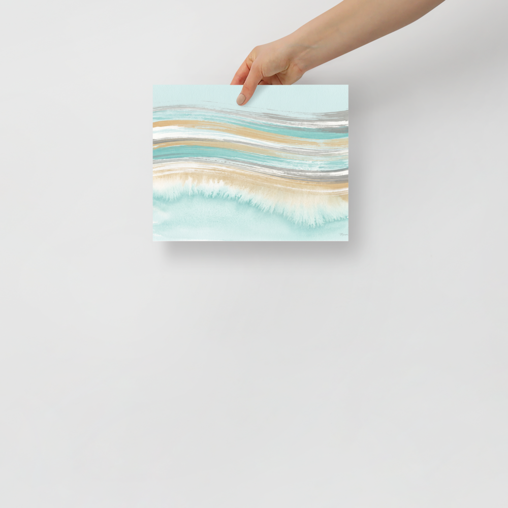 A calmness Abstract art print, 'Coastal Waves'. Serene coastal abstract watercolor painting with turquoise waves in a relaxing bedroom.