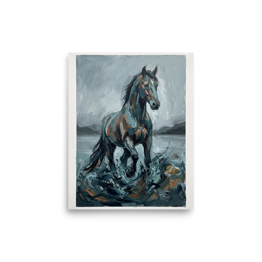 'The Water Horse', part of Meron's Impressionism wall art. An impasto oil painting of a majestic horse emerging from crashing water in dark greys and teals, perfect for a moody Office.