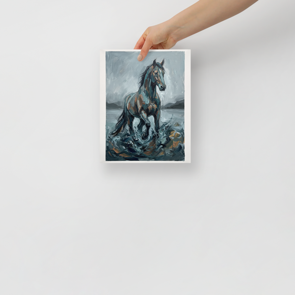 An impasto oil painting of a majestic horse emerging from crashing water in dark greys and teals, perfect for a moody Office. 'The Water Horse', a Impressionism print for the wall.