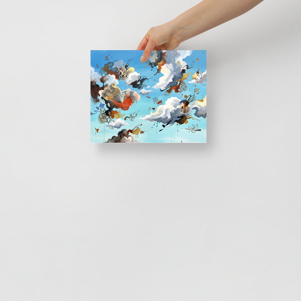 'Celestial Alchemy' by Meron. Abstract cloud formations and organic lattices float across a blue sky in this dynamic modern artwork for a serene office space. A Dau-al-Set wall art print.