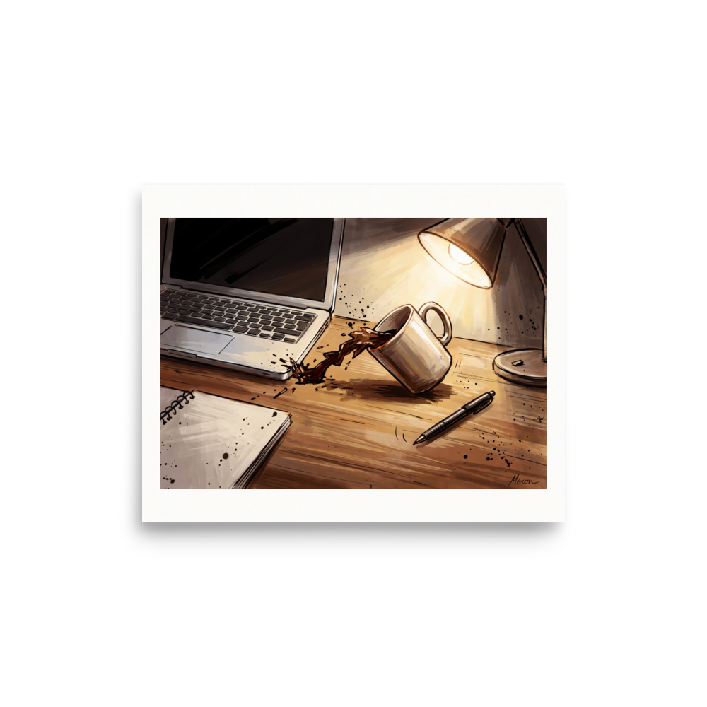 'The Coffee Spill', a Digital art wall art print. An expressive illustration of coffee spilling onto a desk next to a laptop under lamp light in an office.