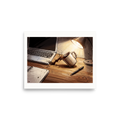 'The Coffee Spill', a Digital art wall art print. An expressive illustration of coffee spilling onto a desk next to a laptop under lamp light in an office.