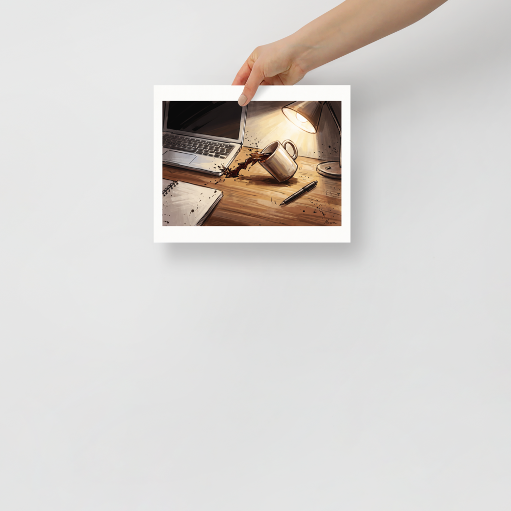 A amusement / humorous scene in saddle brown and burly wood, 'The Coffee Spill'. An expressive illustration of coffee spilling onto a desk next to a laptop under lamp light in an office.