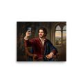 An oil painting of a smiling Renaissance nobleman in crimson velvet holding a book and taking a selfie with a smartphone before a classical landscape window, perfect for a living room. A Renaissance print with a oil painting look, titled 'The Courtly Selfie'.