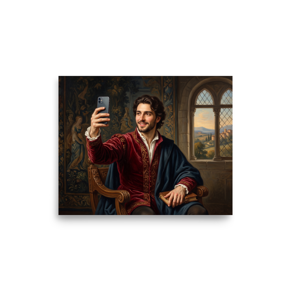 An oil painting of a smiling Renaissance nobleman in crimson velvet holding a book and taking a selfie with a smartphone before a classical landscape window, perfect for a living room. A Renaissance print with a oil painting look, titled 'The Courtly Selfie'.