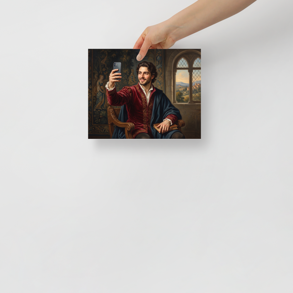 A amusement / humorous Renaissance print, 'The Courtly Selfie'. An oil painting of a smiling Renaissance nobleman in crimson velvet holding a book and taking a selfie with a smartphone before a classical landscape window, perfect for a living room.