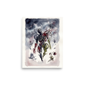 A surreal watercolor painting of a human silhouette made of clockwork gears and thorny tree branches next to a shattered teacup and wilting flowers, ideal for a studio. Available as the Surrealism art print 'Clockwork Fragility'.